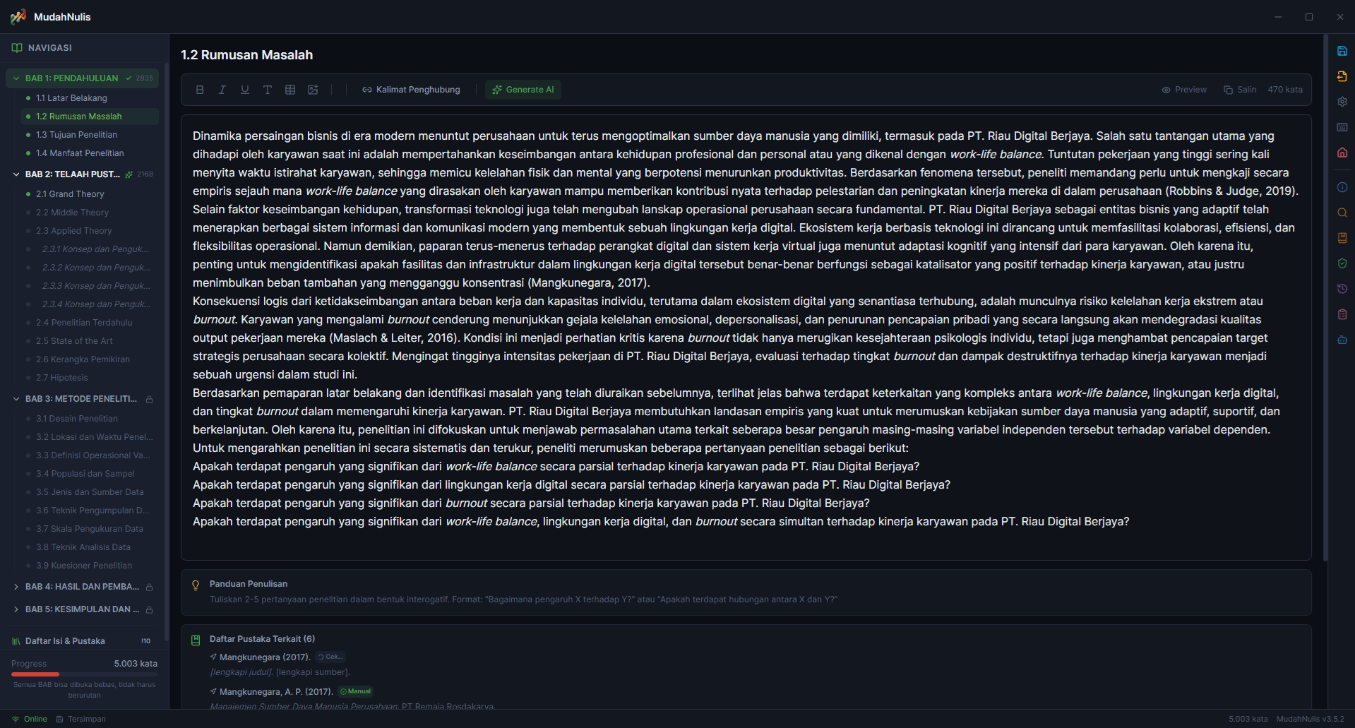 Tampilan aplikasi MudahNulis — sidebar struktur Bab, editor draft skripsi, dan panel AI asisten riset